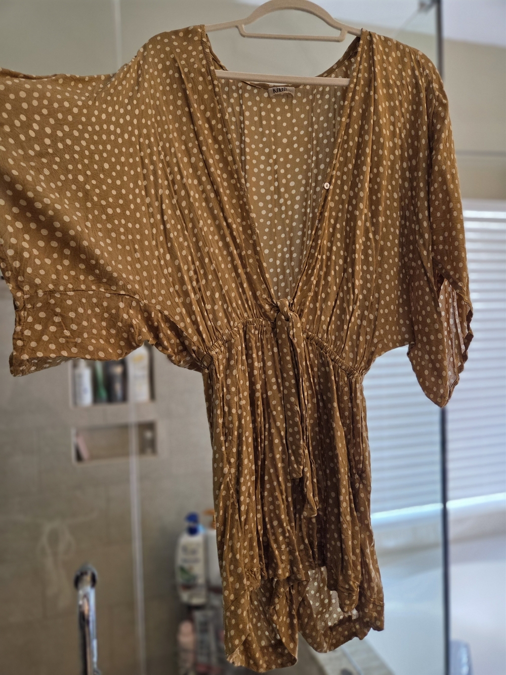 Khush Mustard Polka Dot Kimono Sleeve Tie-Waist Romper